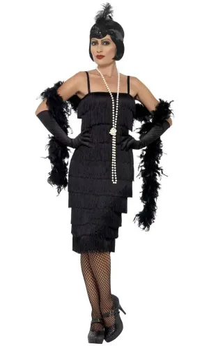 1920s Womens Plus Size Long Black Fringed Flapper Costume