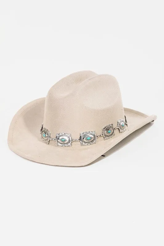 Cream Ivory Western Concho Chain Disc Fedora Women's Hat