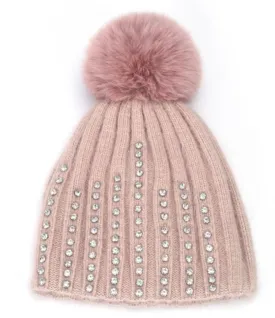 Faux Fur Pop Pom Hat With Rhinestones - Baby Pink