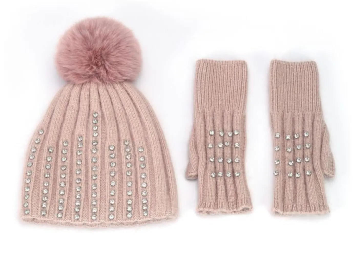 Faux Fur Pop Pom Hat With Rhinestones - Baby Pink