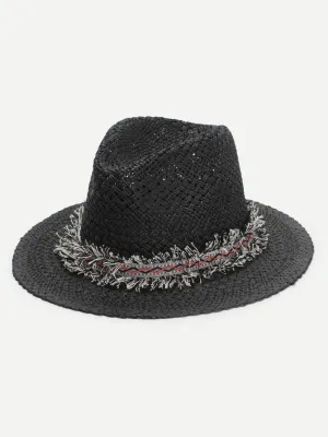 Frayed Band Straw Fedora Hat