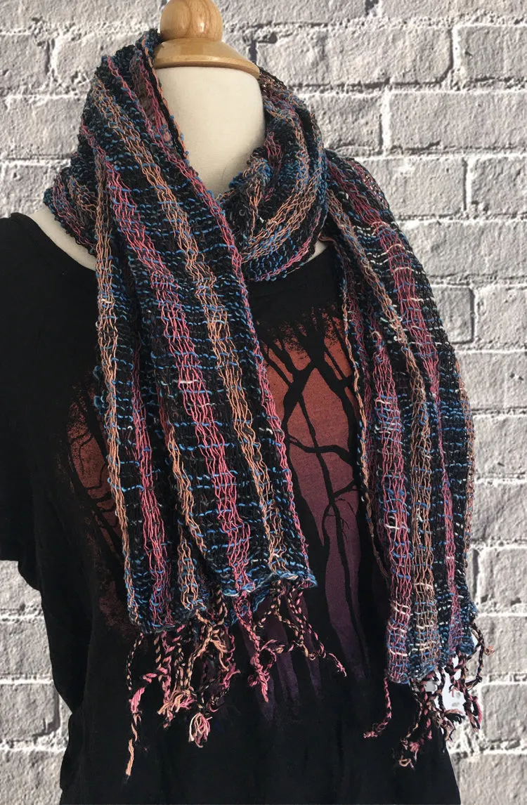 Handwoven Open Weave Cotton Scarf - Black-Mauve-Blue