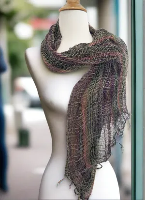 Handwoven Open Weave Cotton Scarf - Plum Green Multi