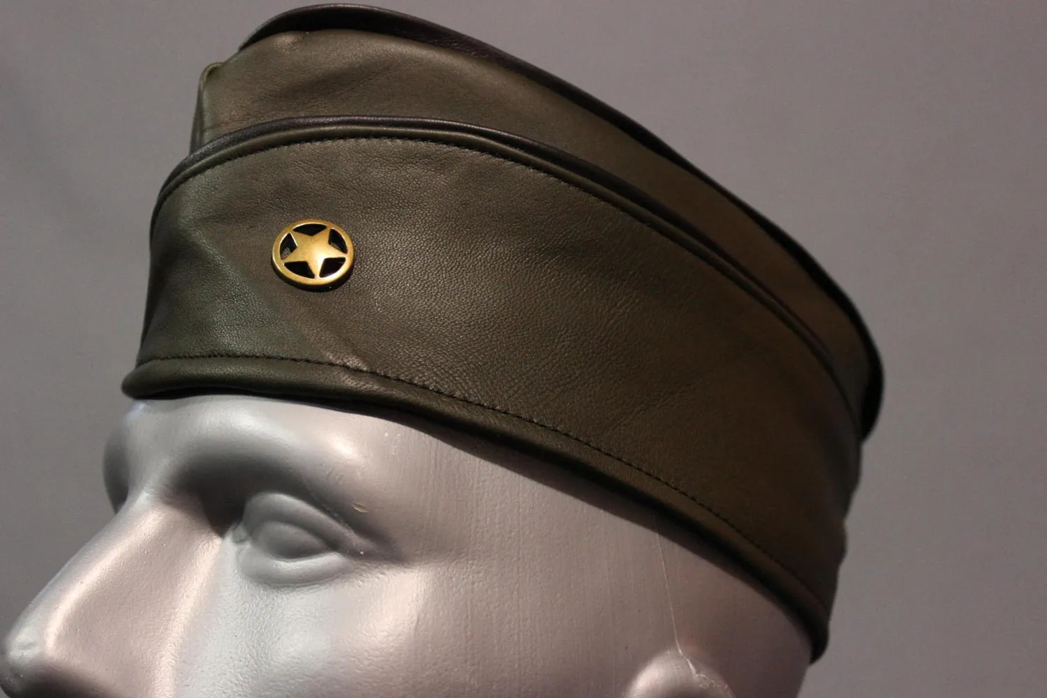 Military Olive Green Leather Garrison Cap with Brass Star Concho