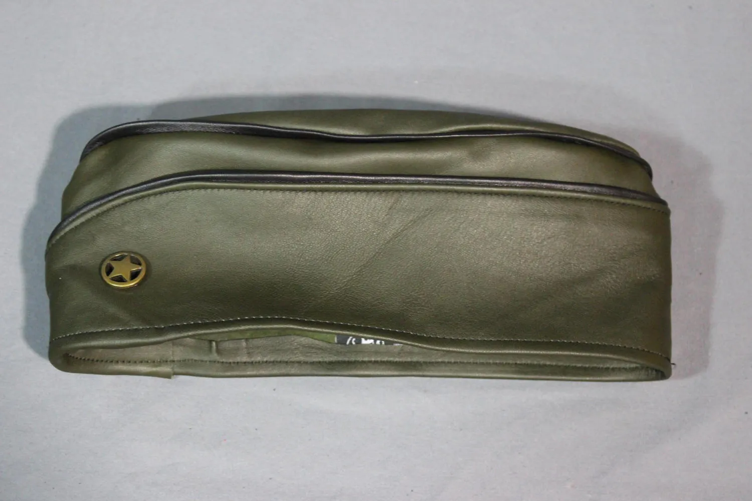 Military Olive Green Leather Garrison Cap with Brass Star Concho