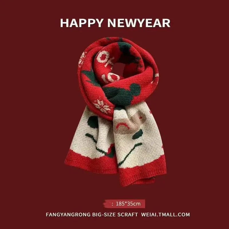 Red New Year Scarf Women's Winter Christmas Knitting Wool