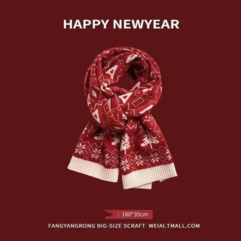 Red New Year Scarf Women's Winter Christmas Knitting Wool