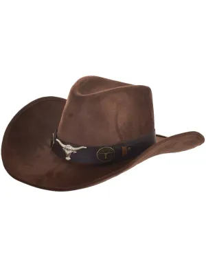 Rodeo Brown Faux Suede Cowboy Hat with Bull Embellishments